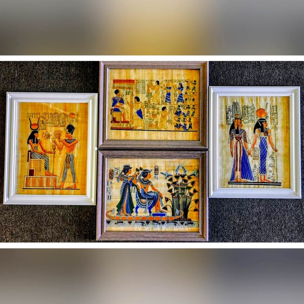 Lot of 4 Framed Egyptian Art on Papyrus under glass frames 13 X 16